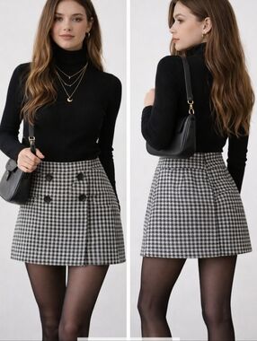 Olive + Oak Houndstooth Mini Skirt Size S High Waisted Dark Academia Old Money